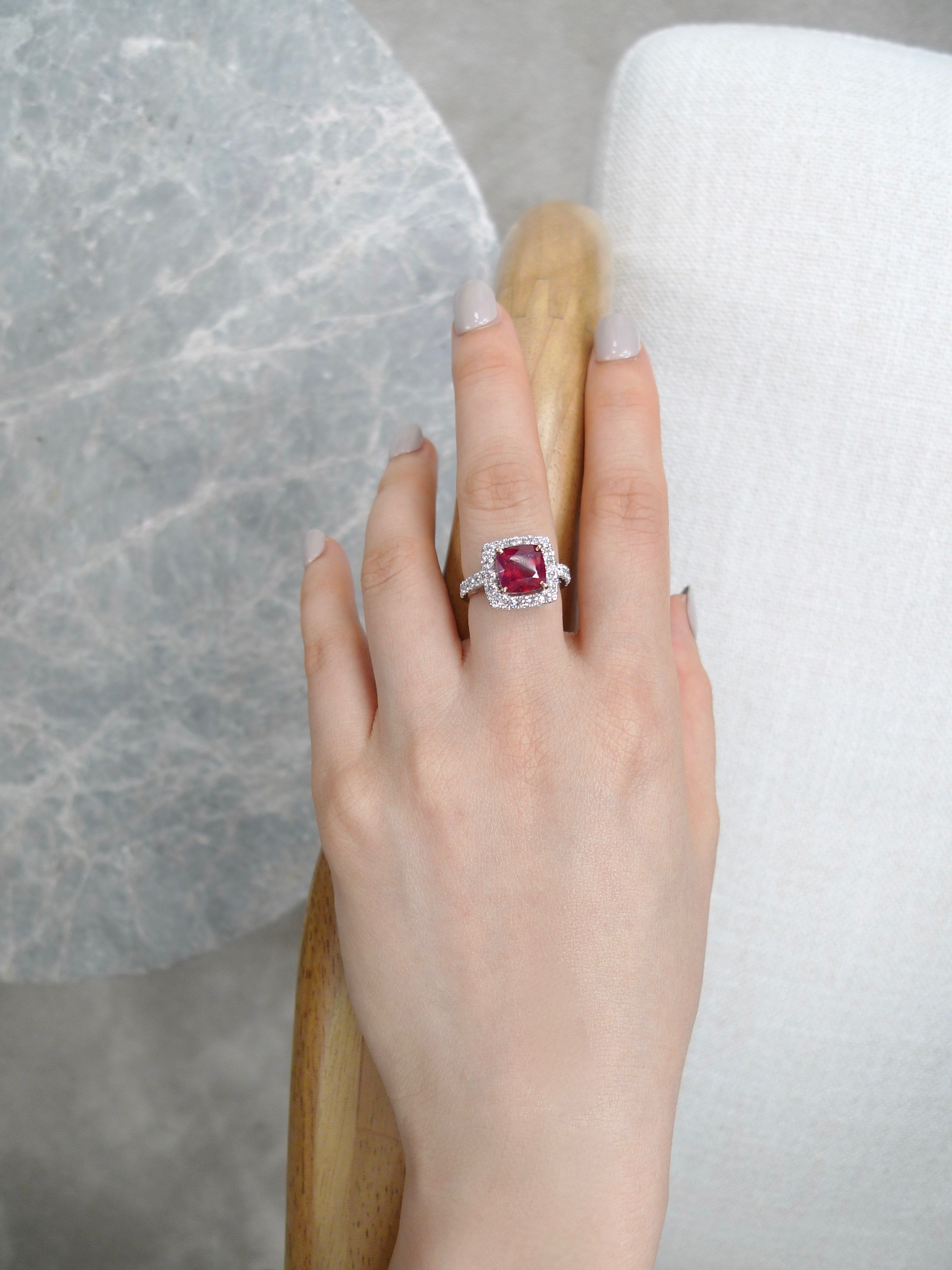 Halo Diamond and Cushion Shape Ruby Ring in 18K White Gold - HN JEWELRY