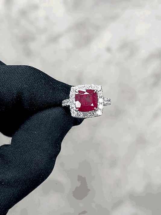 Halo Diamond and Cushion Shape Ruby Ring in 18K White Gold - HN JEWELRY