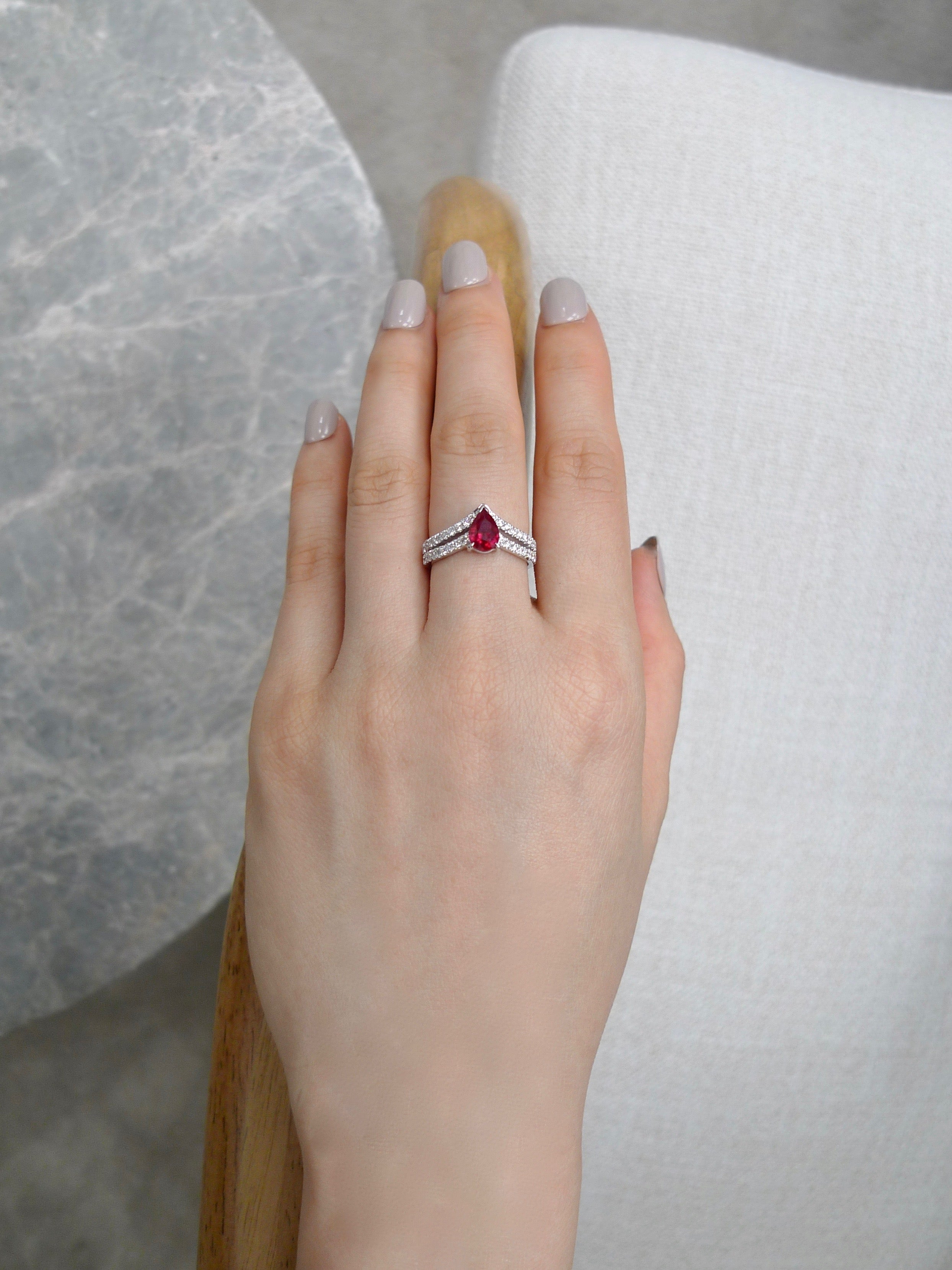 Pear Shaped Ruby and Diamond Ring in 18K White Gold - HN JEWELRY