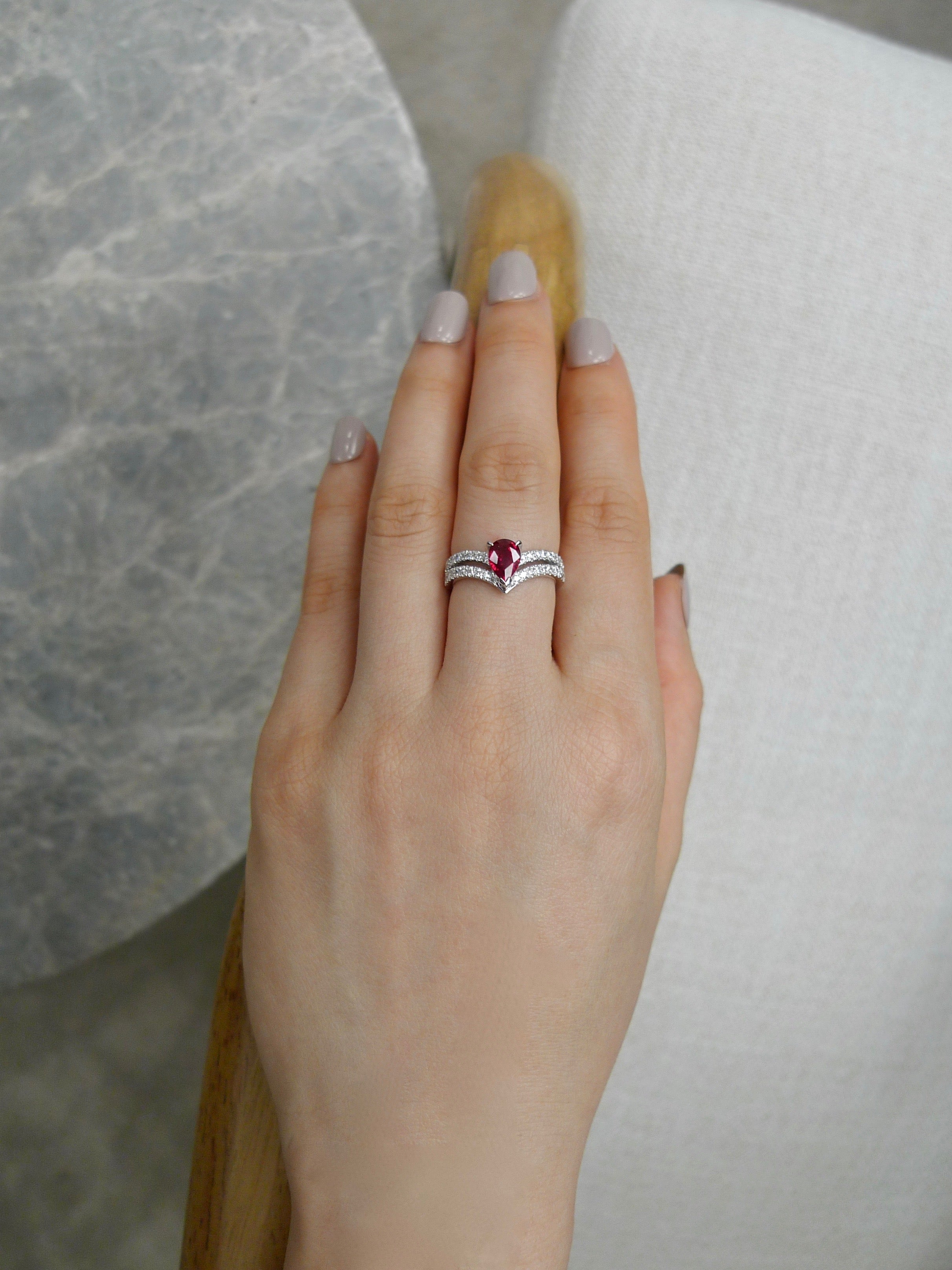 Pear Shaped Ruby and Diamond Ring in 18K White Gold - HN JEWELRY