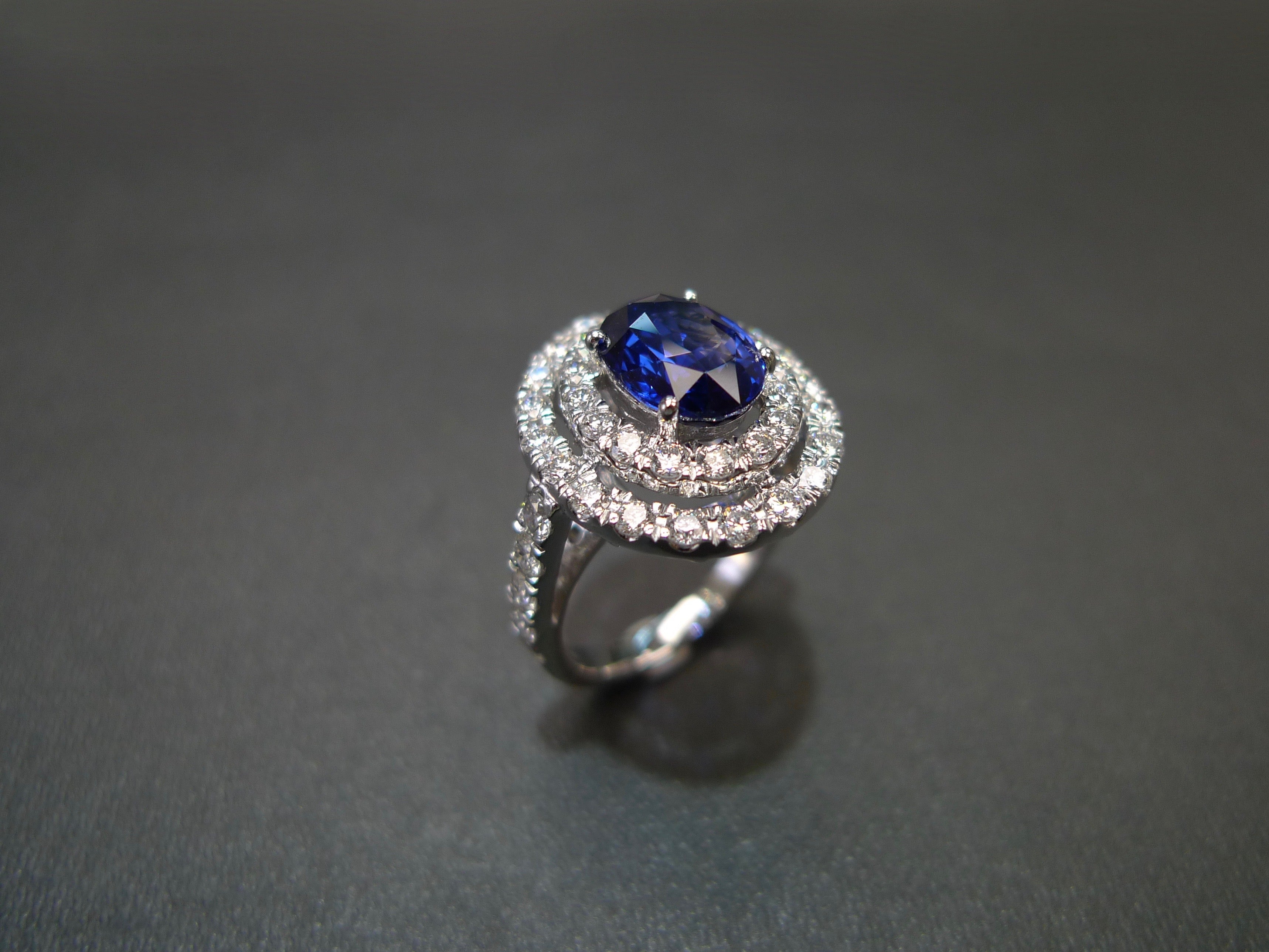 3.04ct Ceylon Blue Sapphire and Diamond Double Halo Ring in 18K White Gold - HN JEWELRY
