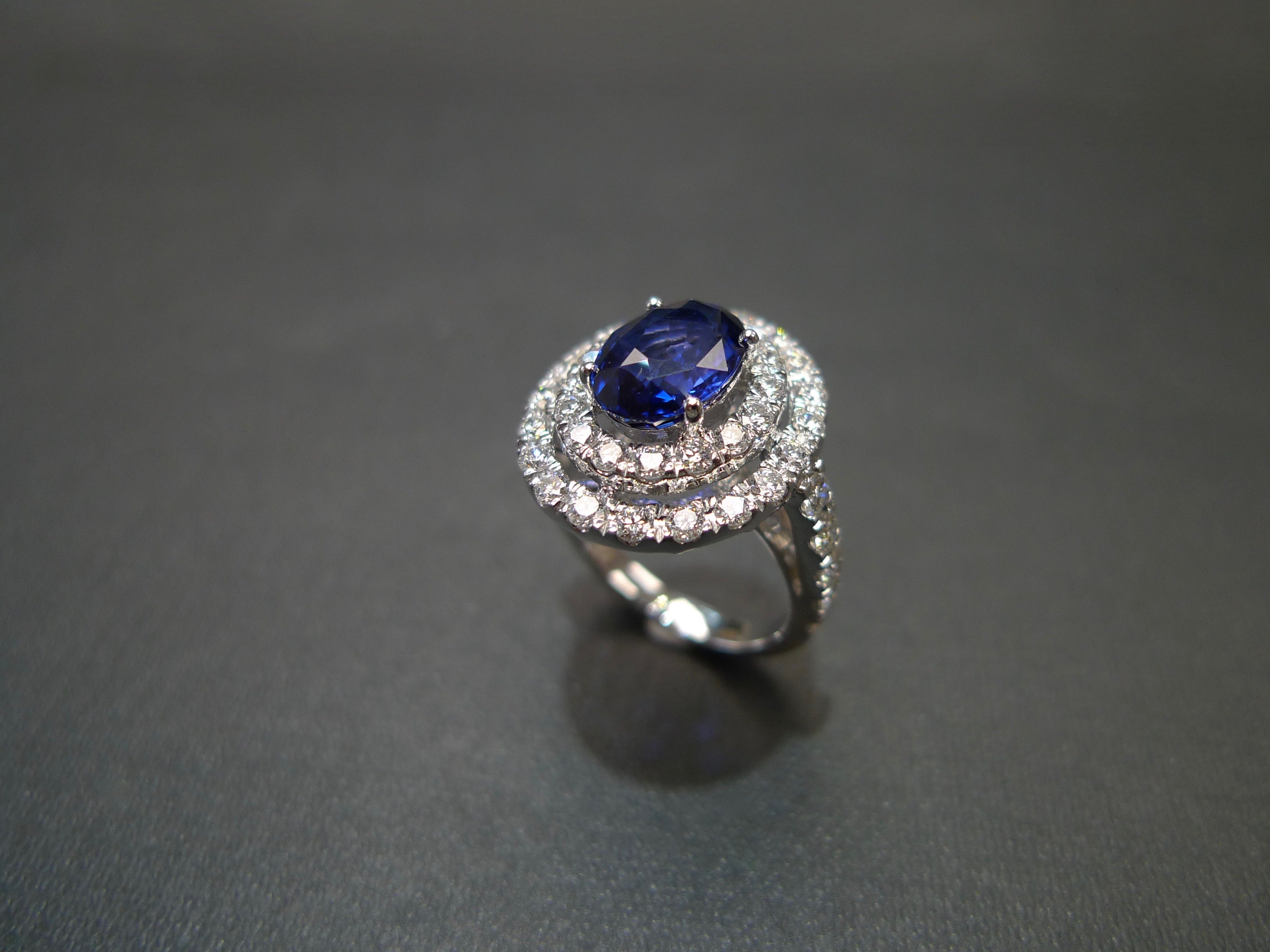 3.04ct Ceylon Blue Sapphire and Diamond Double Halo Ring in 18K White Gold - HN JEWELRY