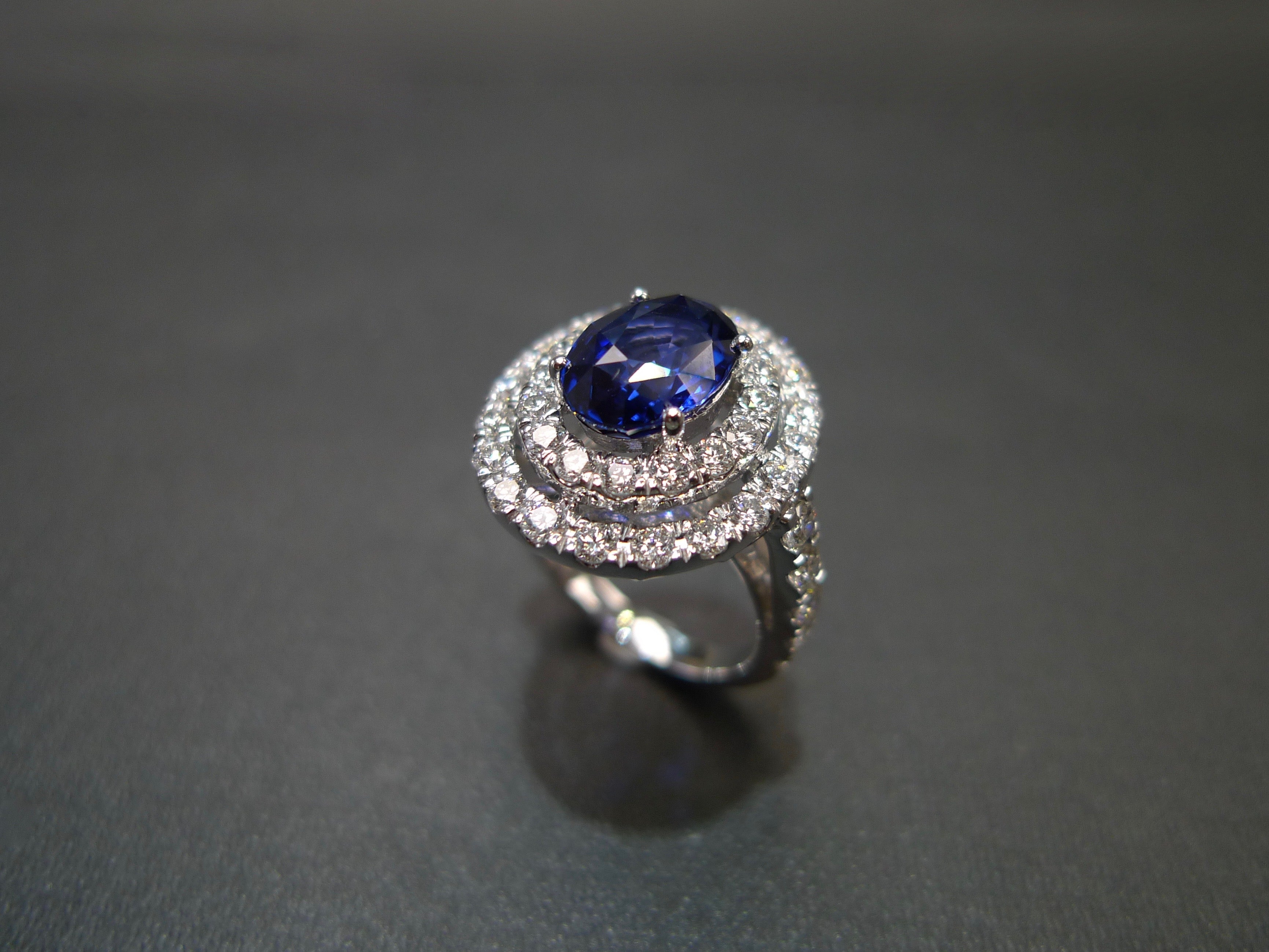3.04ct Ceylon Blue Sapphire and Diamond Double Halo Ring in 18K White Gold - HN JEWELRY