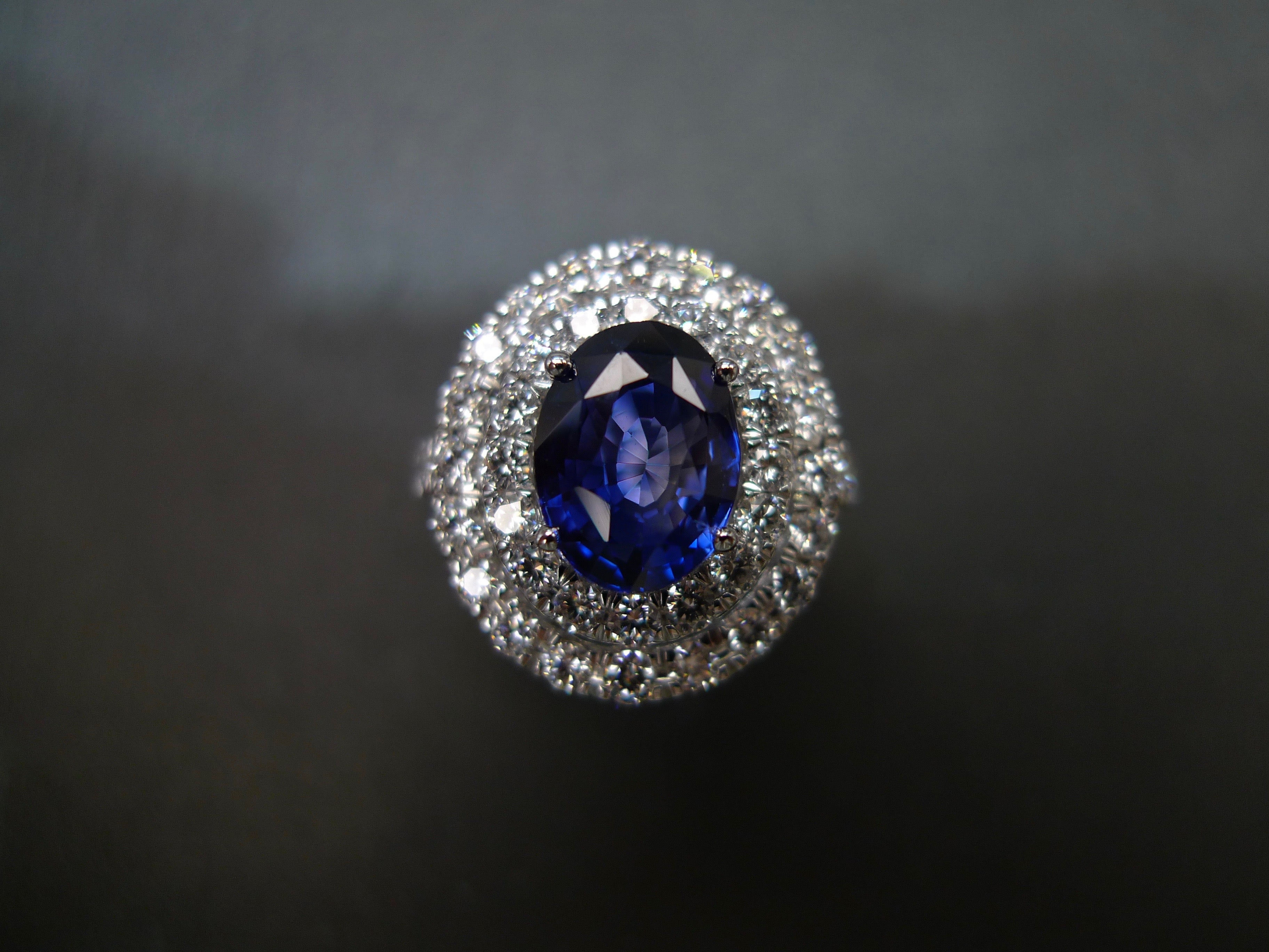 3.04ct Ceylon Blue Sapphire and Diamond Double Halo Ring in 18K White Gold - HN JEWELRY