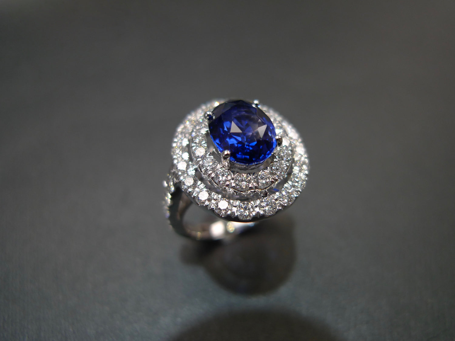 3.04ct Ceylon Blue Sapphire and Diamond Double Halo Ring in 18K White Gold - HN JEWELRY