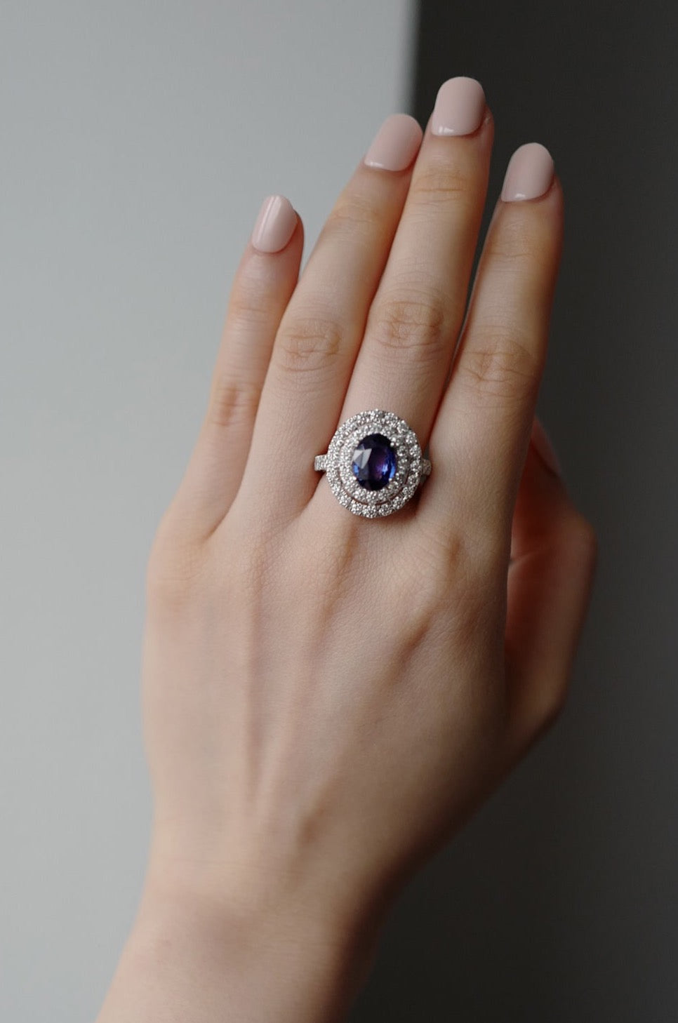 3.04ct Ceylon Blue Sapphire and Diamond Double Halo Ring in 18K White Gold - HN JEWELRY