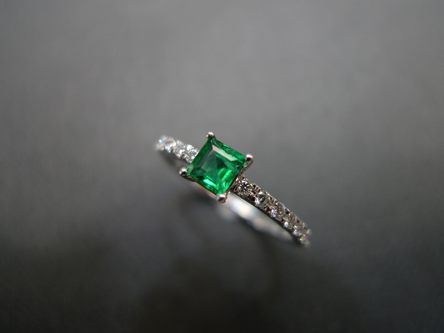 Square Cut Emerald and Diamond Ring in 18K White Gold - HN JEWELRY