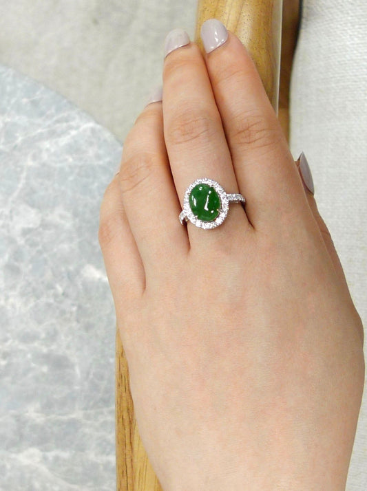Natural Type A Jade & Diamond Ring in 18K White Gold - HN JEWELRY