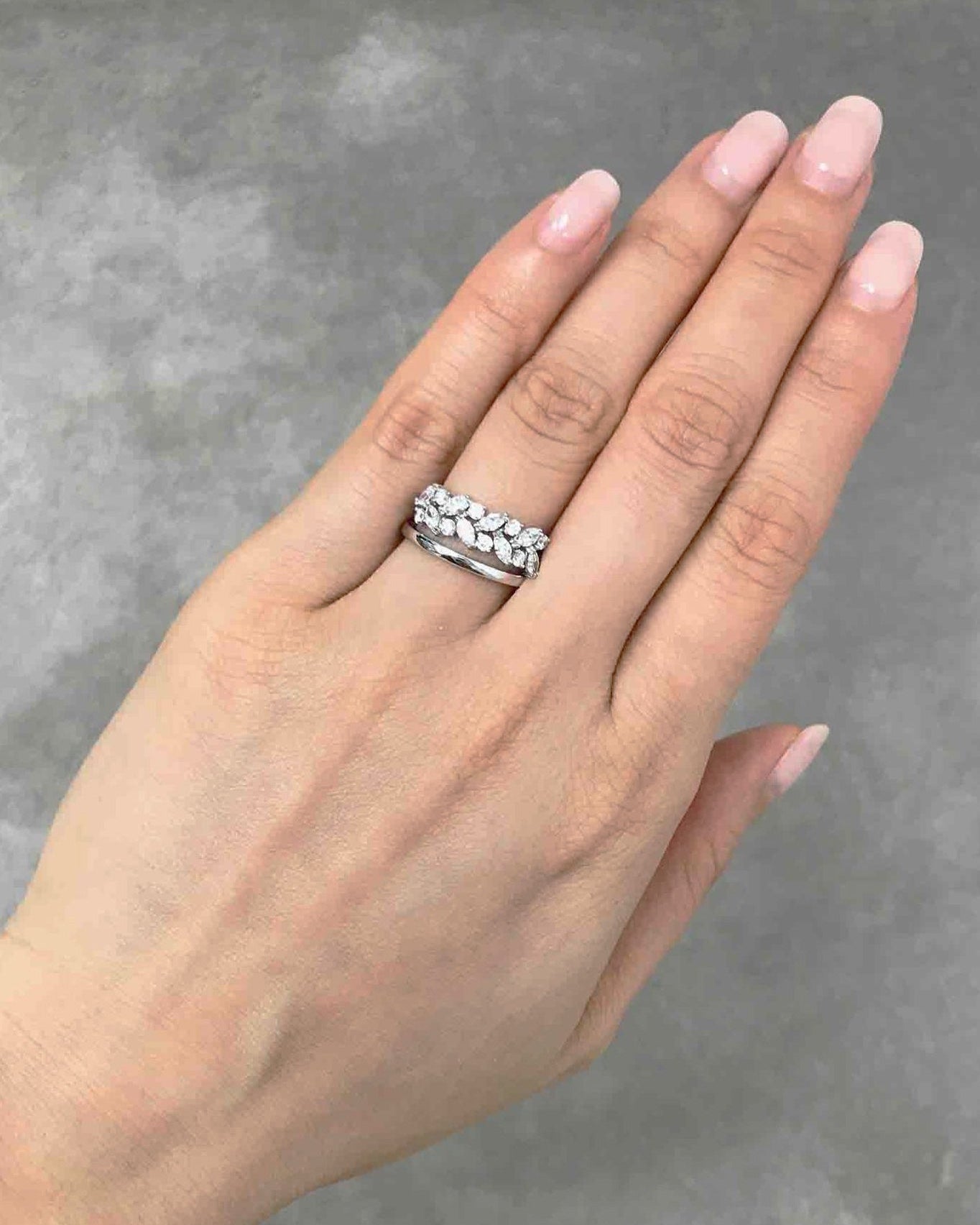 close up view of marquise diamond ring in white gold