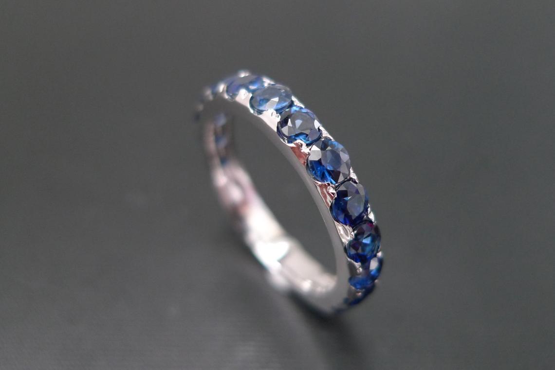 Half Eternity Blue Sapphire Ring in 14K White Gold - HN JEWELRY