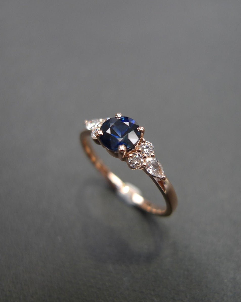 Blue Sapphire and Pear Cut Diamond Ring - HN JEWELRY