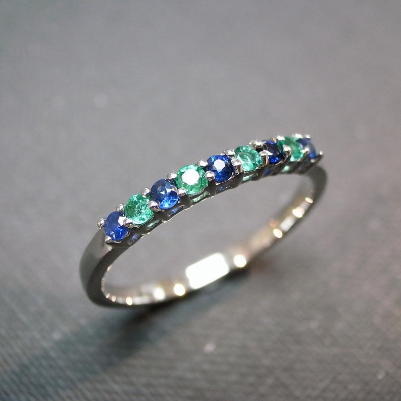 Blue Sapphire and Emerald Ring in 14K White Gold - HN JEWELRY