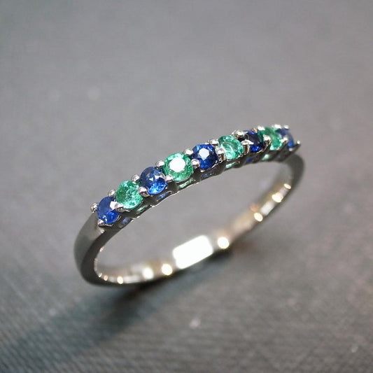 Blue Sapphire and Emerald Ring in 14K White Gold - HN JEWELRY
