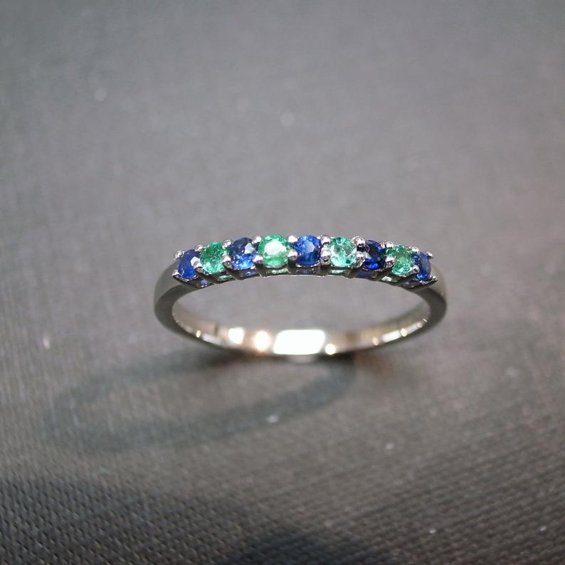 Blue Sapphire and Emerald Ring in 14K White Gold - HN JEWELRY