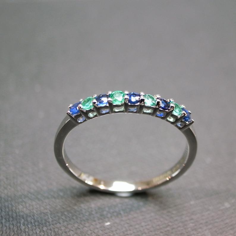 Blue Sapphire and Emerald Ring in 14K White Gold - HN JEWELRY