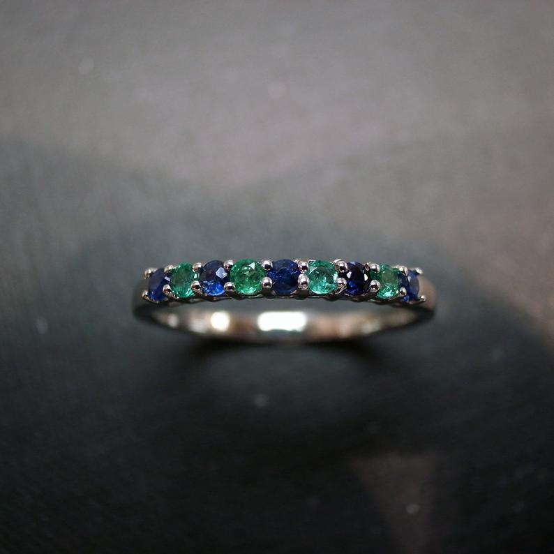 Blue Sapphire and Emerald Ring in 14K White Gold - HN JEWELRY