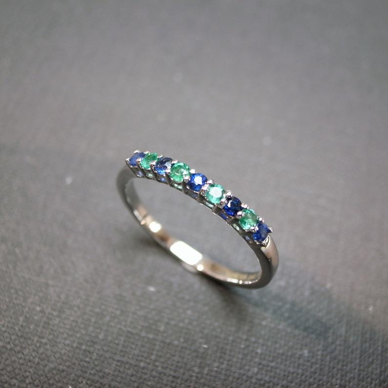 Blue Sapphire and Emerald Ring in 14K White Gold - HN JEWELRY