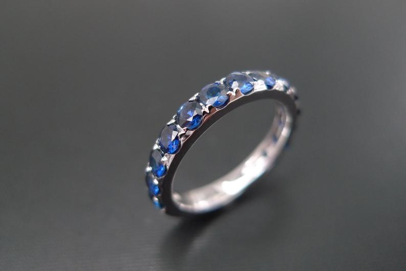Half Eternity Blue Sapphire Ring in 14K White Gold - HN JEWELRY