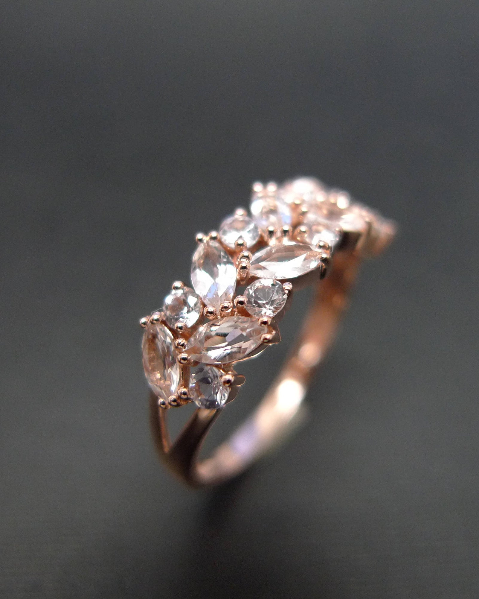 close up champagne morganite engagement ring in rose gold