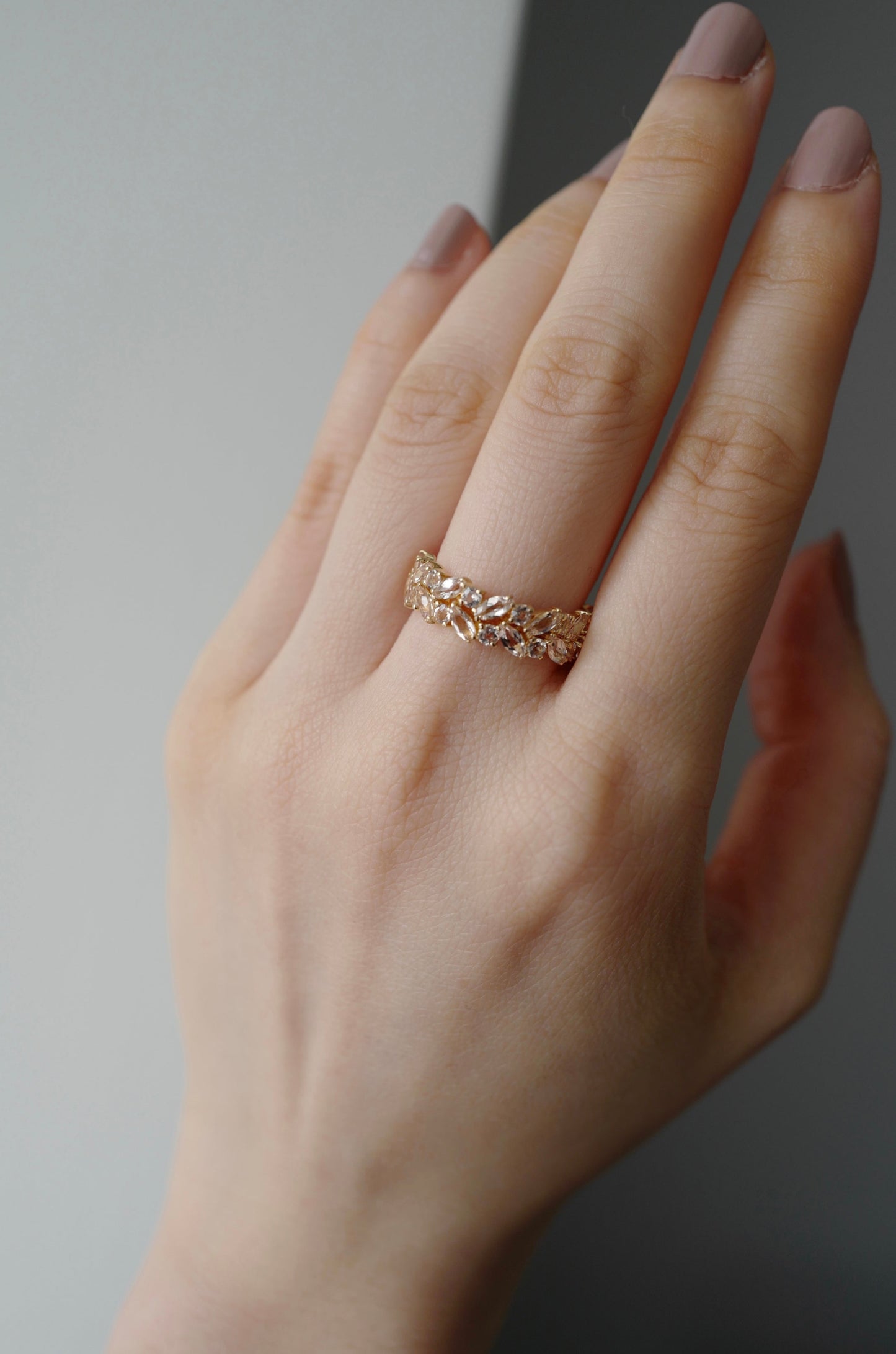 Champagne Marquise Morganite Half Eternity Ring in 14K Rose Gold - HN JEWELRY