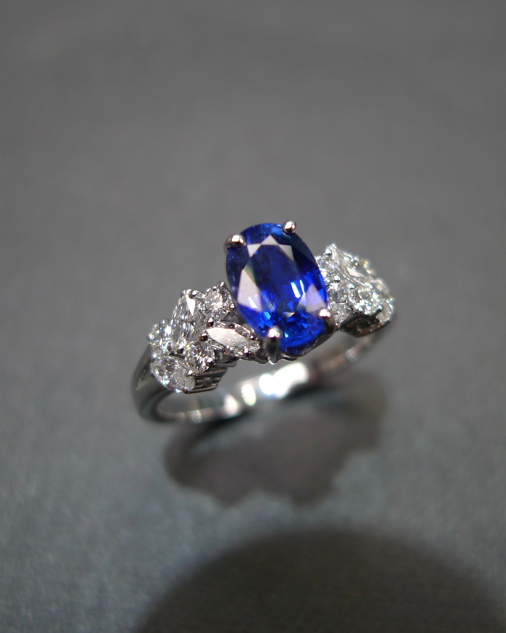 Blue Sapphire & Marquise Diamond Ring in 14K White Gold - HN JEWELRY
