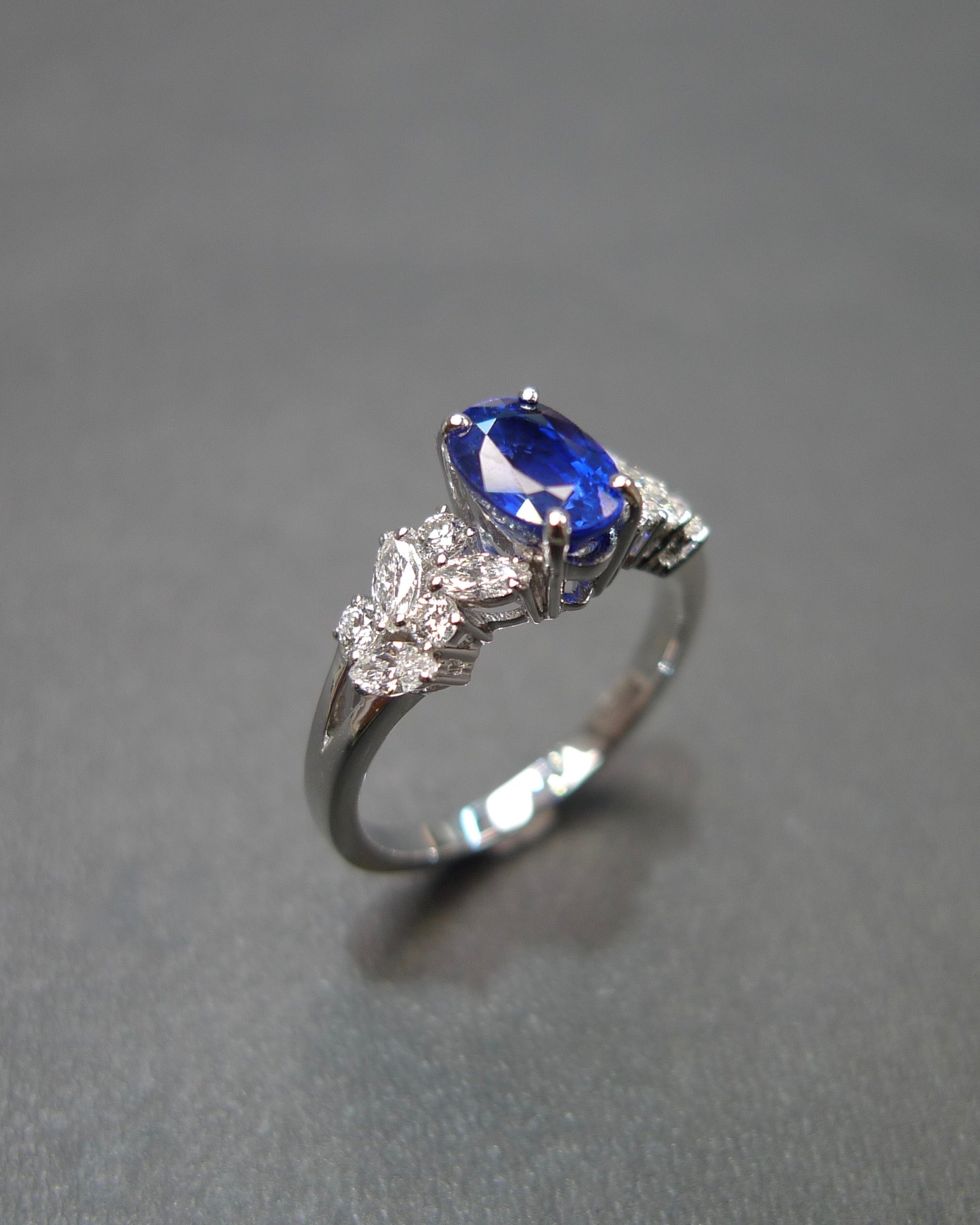 Blue Sapphire & Marquise Diamond Ring in 14K White Gold - HN JEWELRY