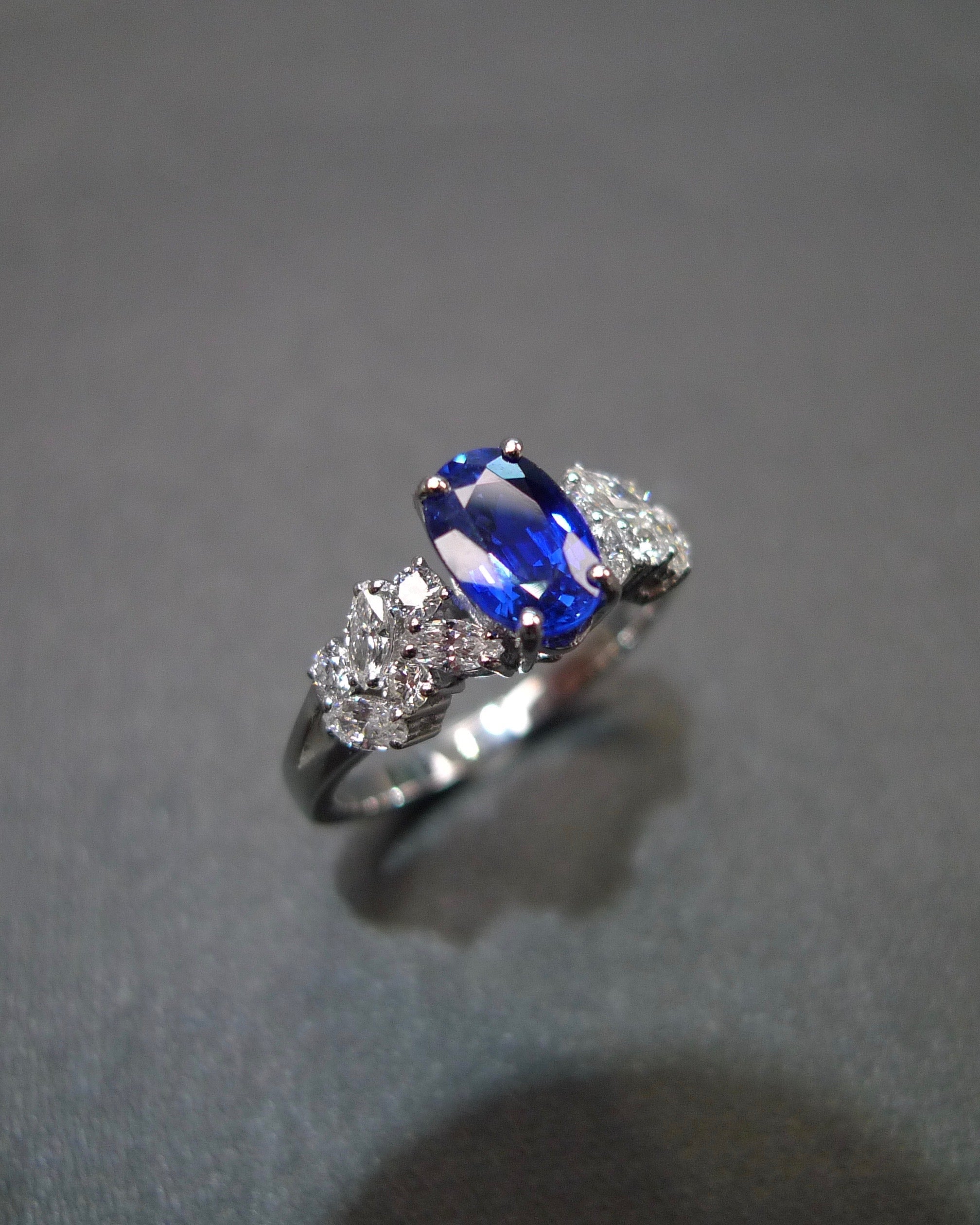 Blue Sapphire & Marquise Diamond Ring in 14K White Gold - HN JEWELRY