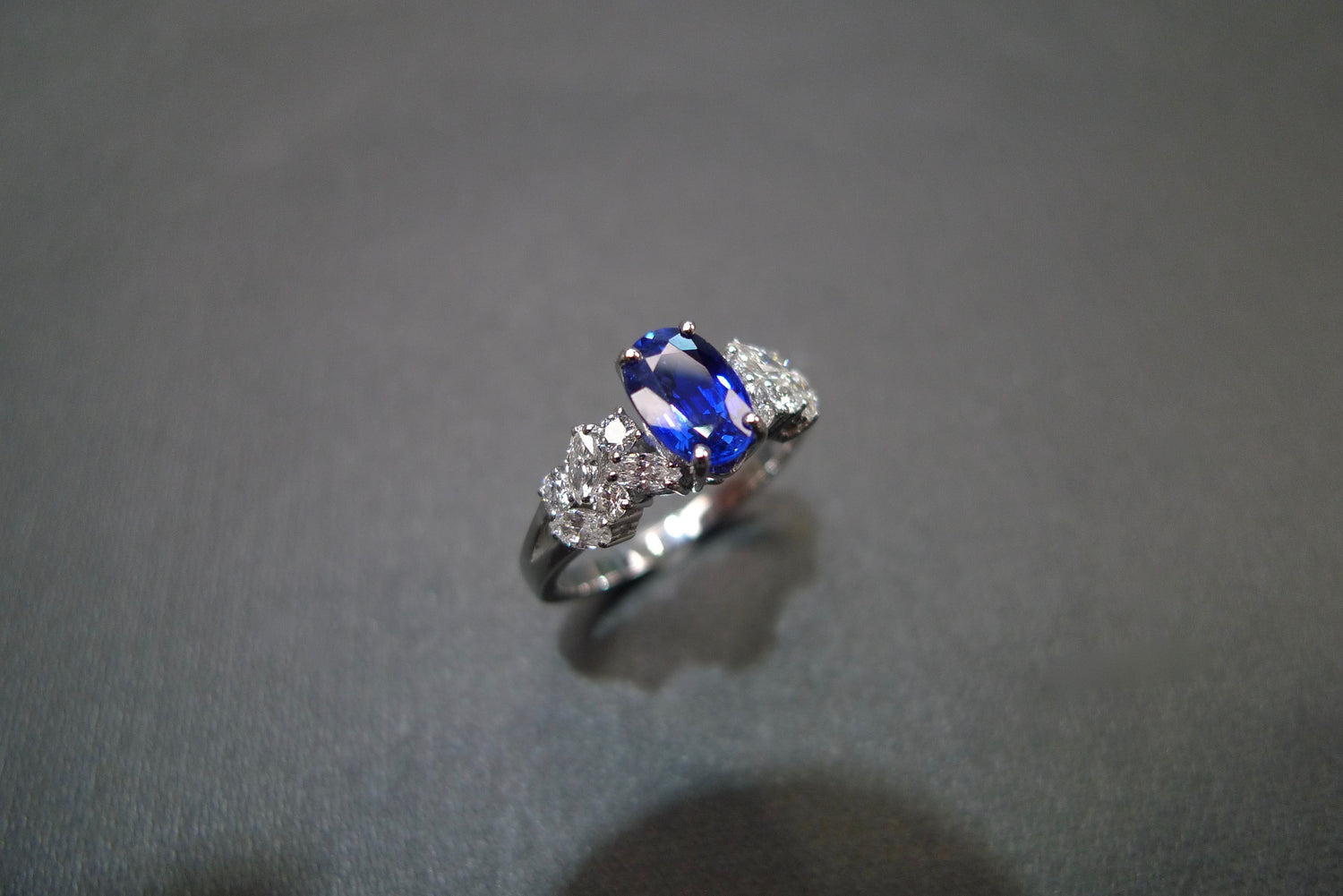 Blue Sapphire & Marquise Diamond Ring in 14K White Gold - HN JEWELRY
