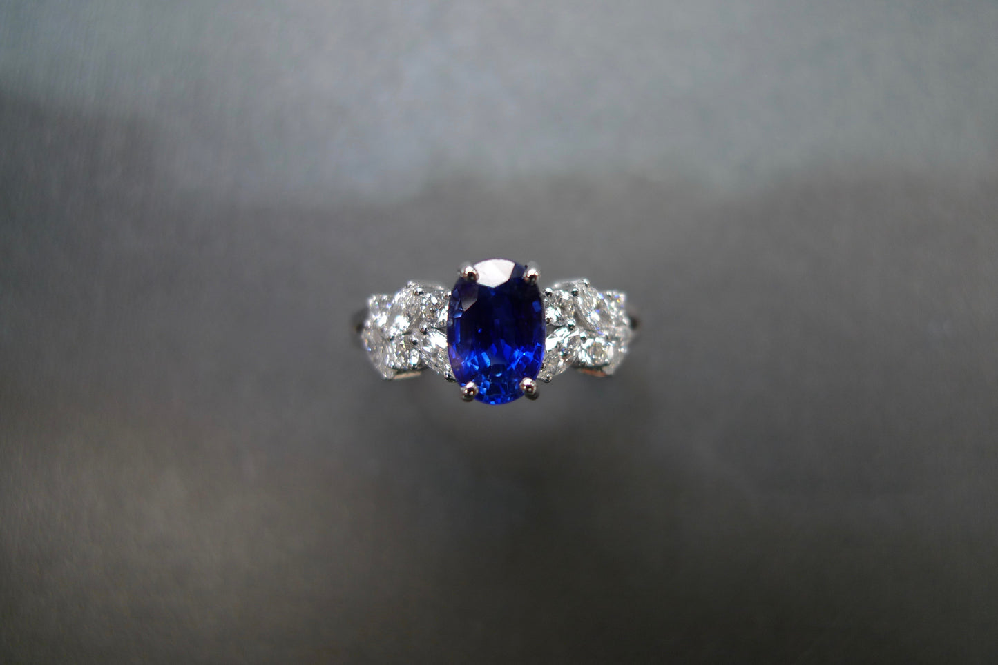 Blue Sapphire & Marquise Diamond Ring in 14K White Gold - HN JEWELRY