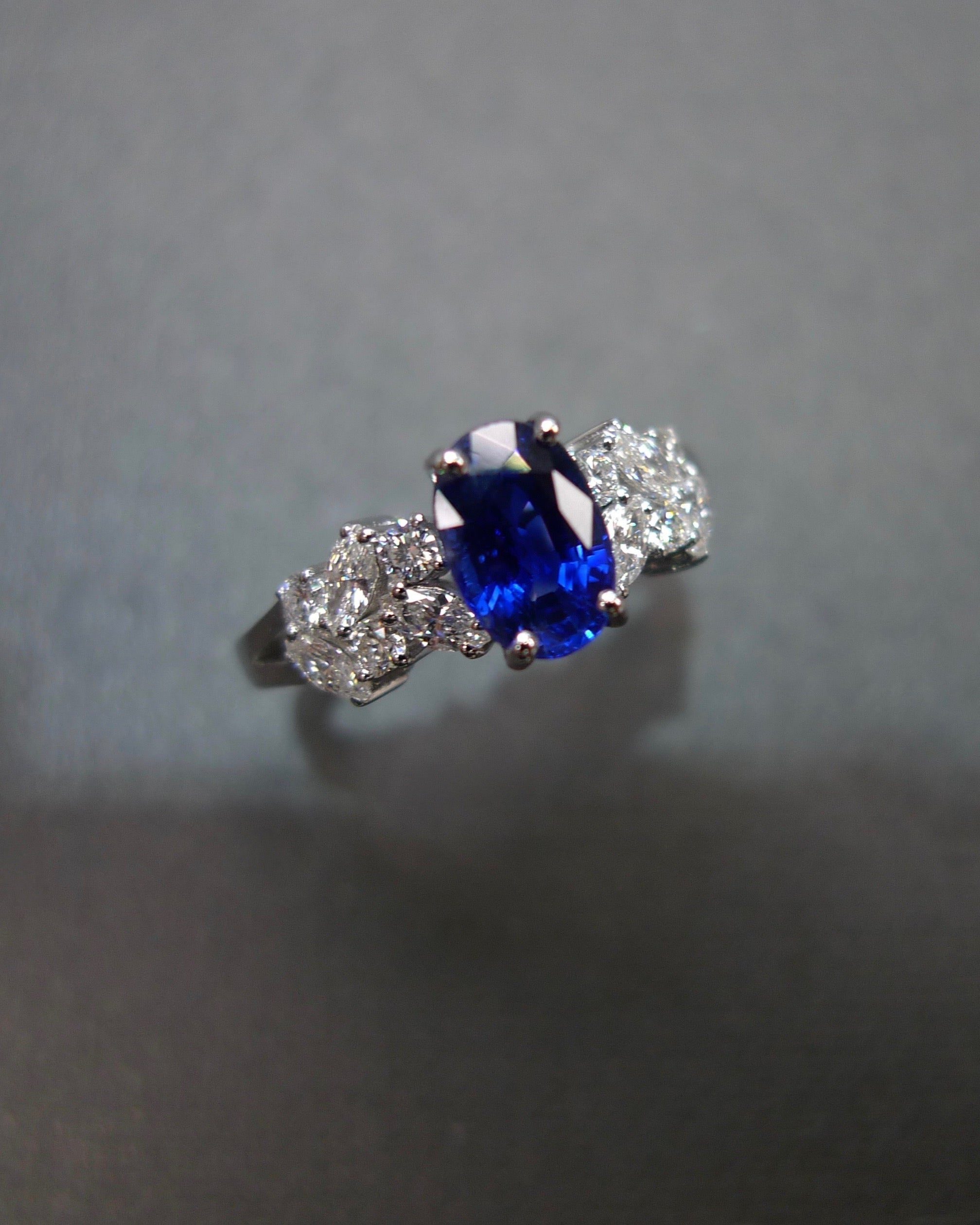 Blue Sapphire & Marquise Diamond Ring in 14K White Gold - HN JEWELRY