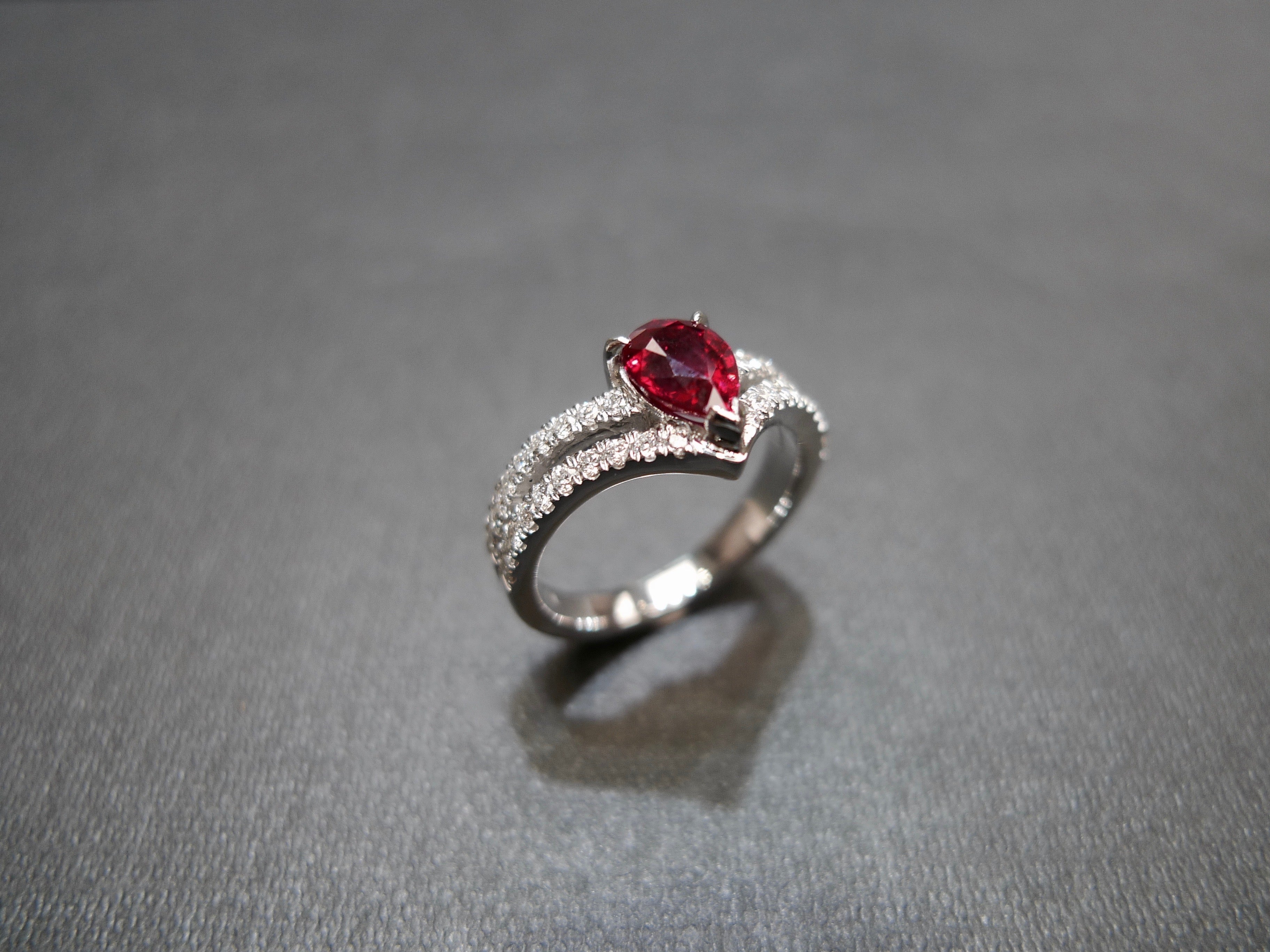 Pear Shaped Ruby and Diamond Ring in 18K White Gold - HN JEWELRY