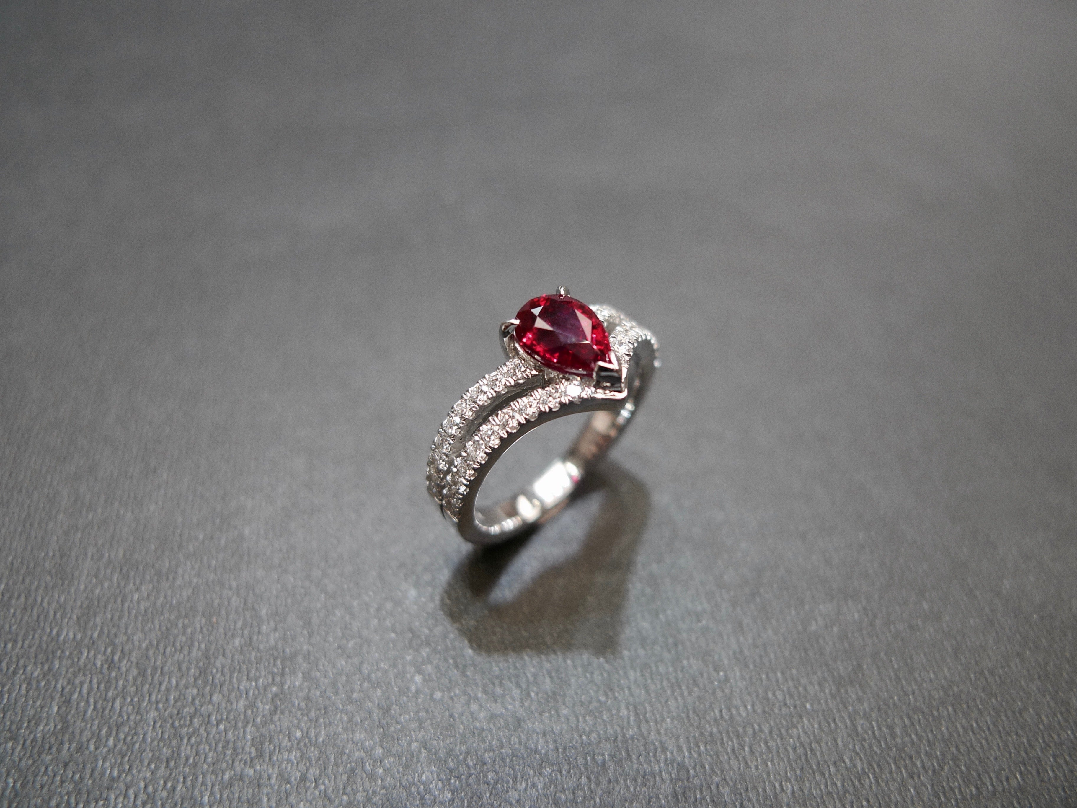 Pear Shaped Ruby and Diamond Ring in 18K White Gold - HN JEWELRY