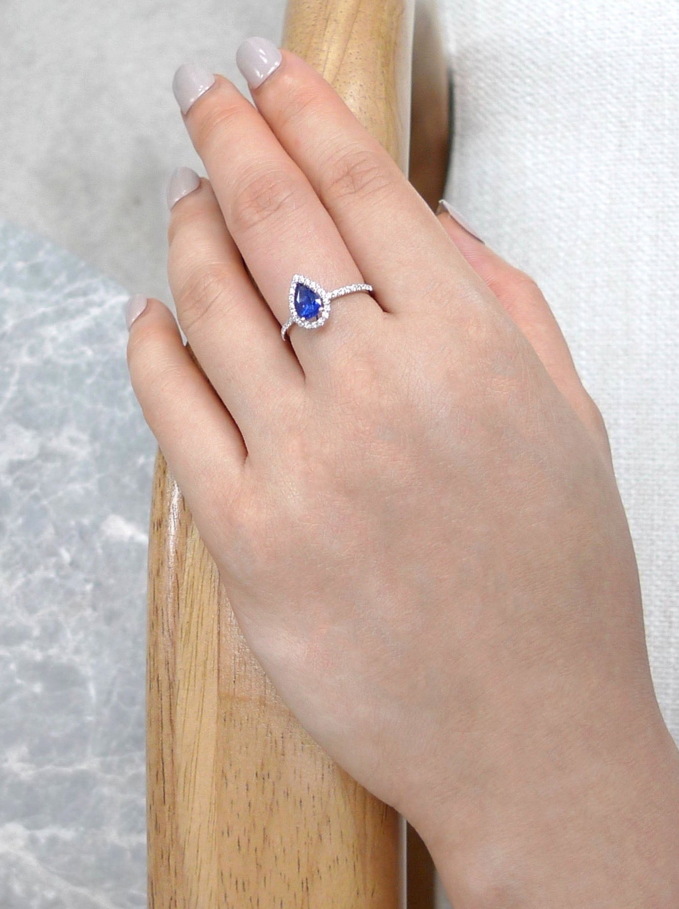 Pear Shaped Blue Sapphire Diamond Ring in White Gold - HN JEWELRY