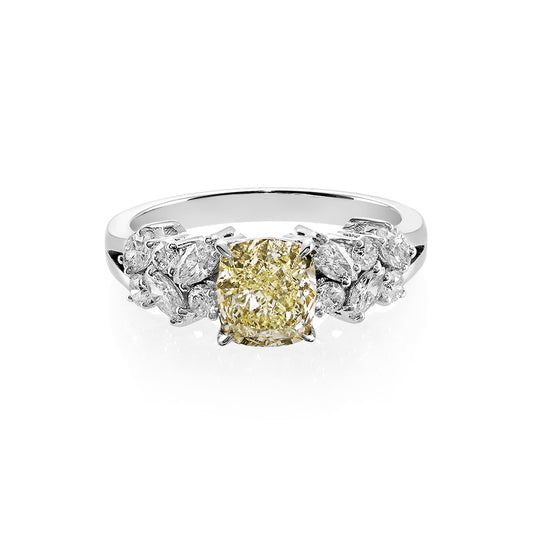 1.22ct Cushion Shape Light Yellow Diamond and Marquise Diamond Ring - HN JEWELRY