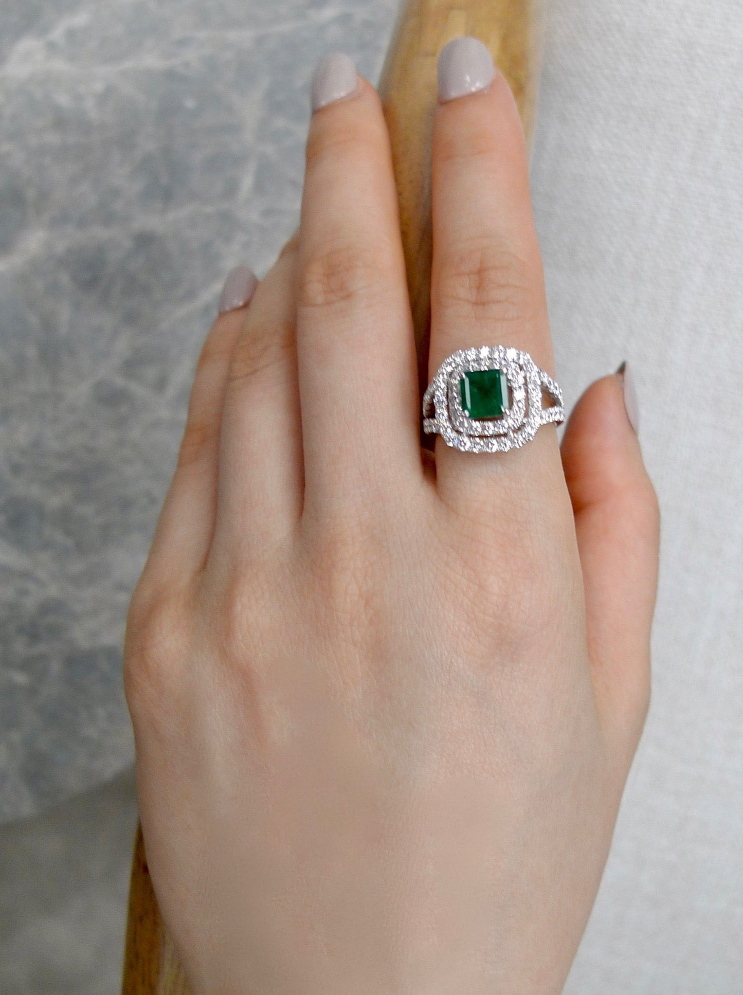Emerald and Diamond Double Halo Ring in 18K White Gold - HN JEWELRY