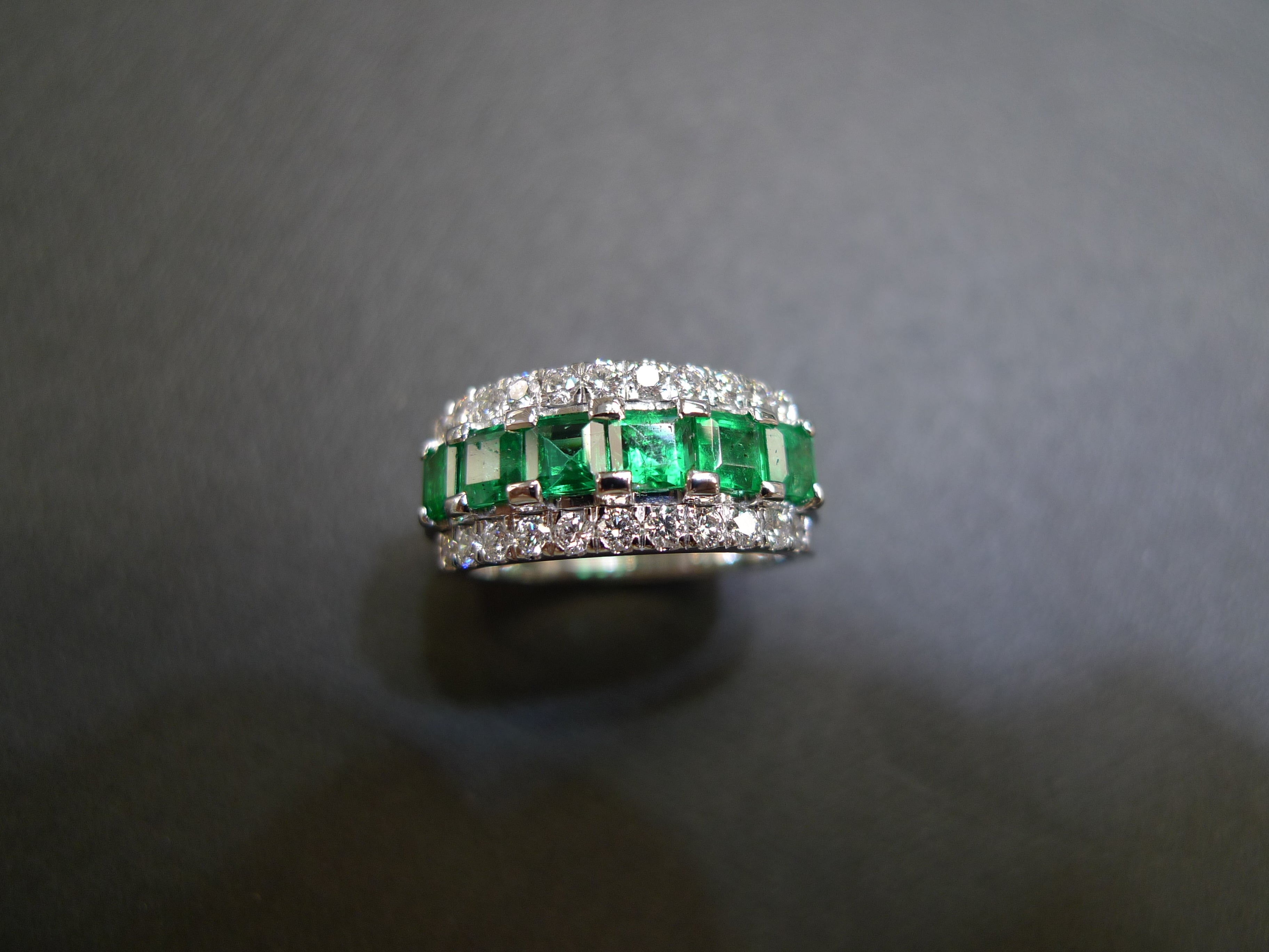 Emerald and Diamond Three Row Ring in 18K White Gold - HN JEWELRY