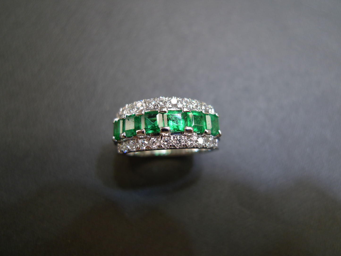 Emerald and Diamond Three Row Ring in 18K White Gold - HN JEWELRY