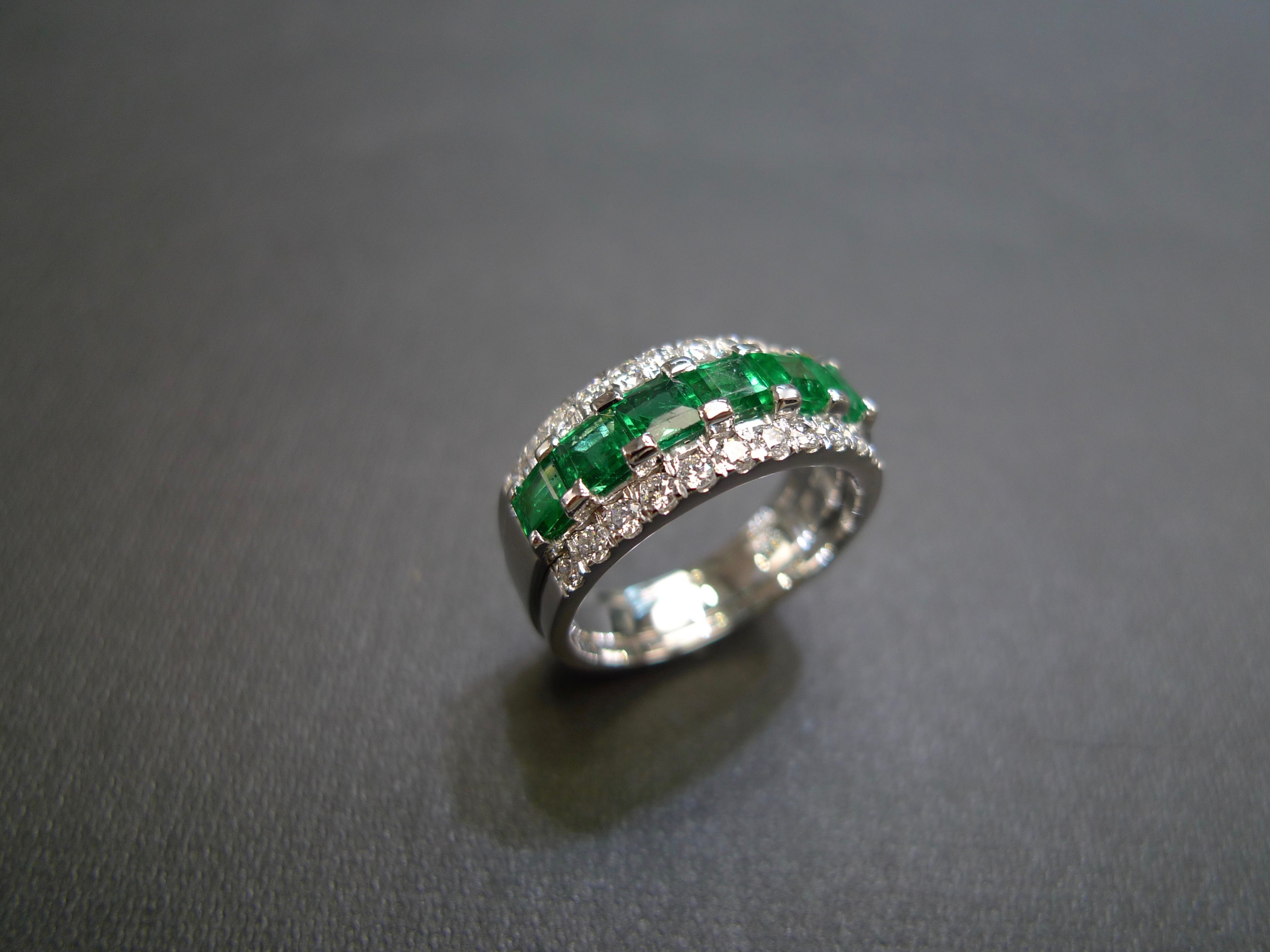 Emerald and Diamond Three Row Ring in 18K White Gold - HN JEWELRY