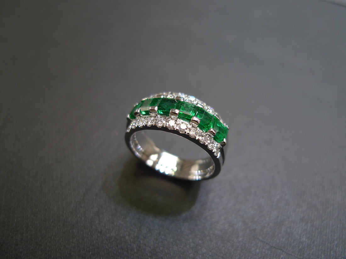 Emerald and Diamond Three Row Ring in 18K White Gold - HN JEWELRY