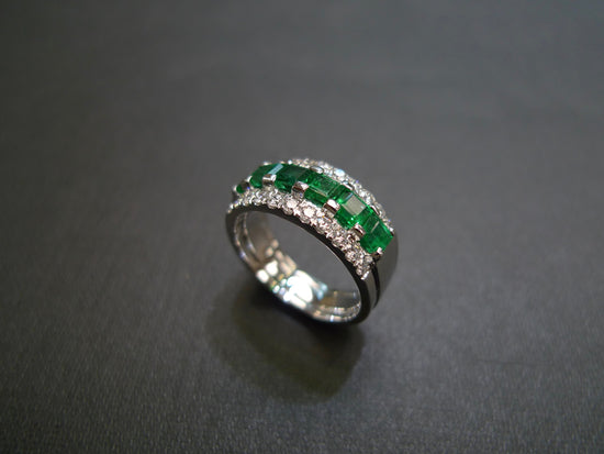 Emerald and Diamond Three Row Ring in 18K White Gold - HN JEWELRY