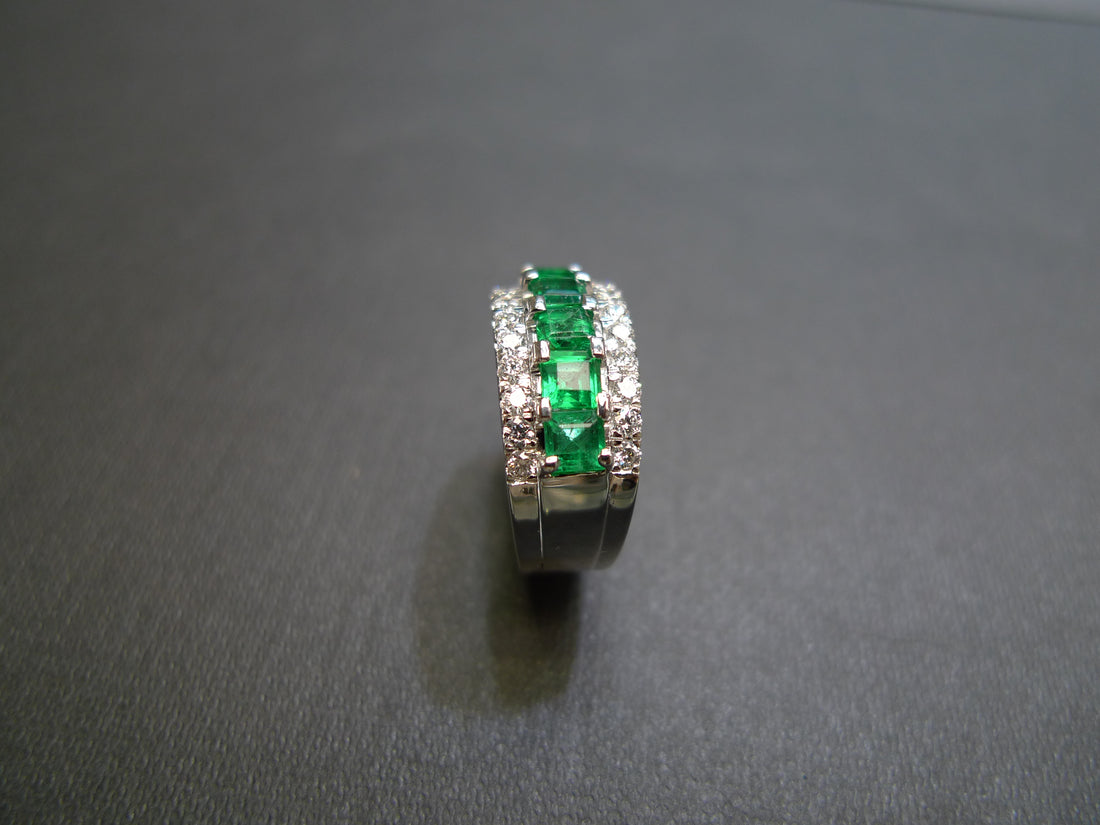 Emerald and Diamond Three Row Ring in 18K White Gold - HN JEWELRY