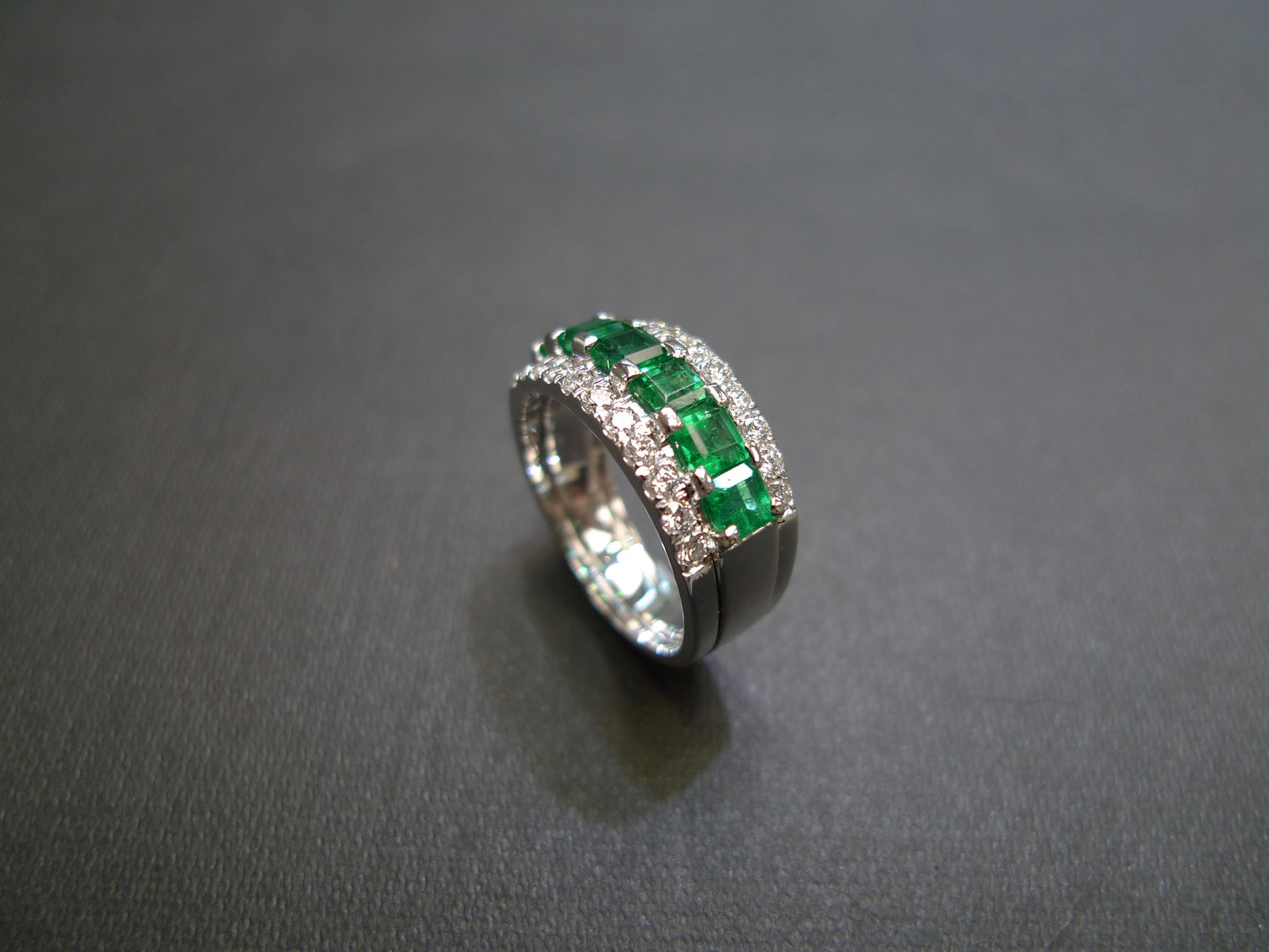 Emerald and Diamond Three Row Ring in 18K White Gold - HN JEWELRY