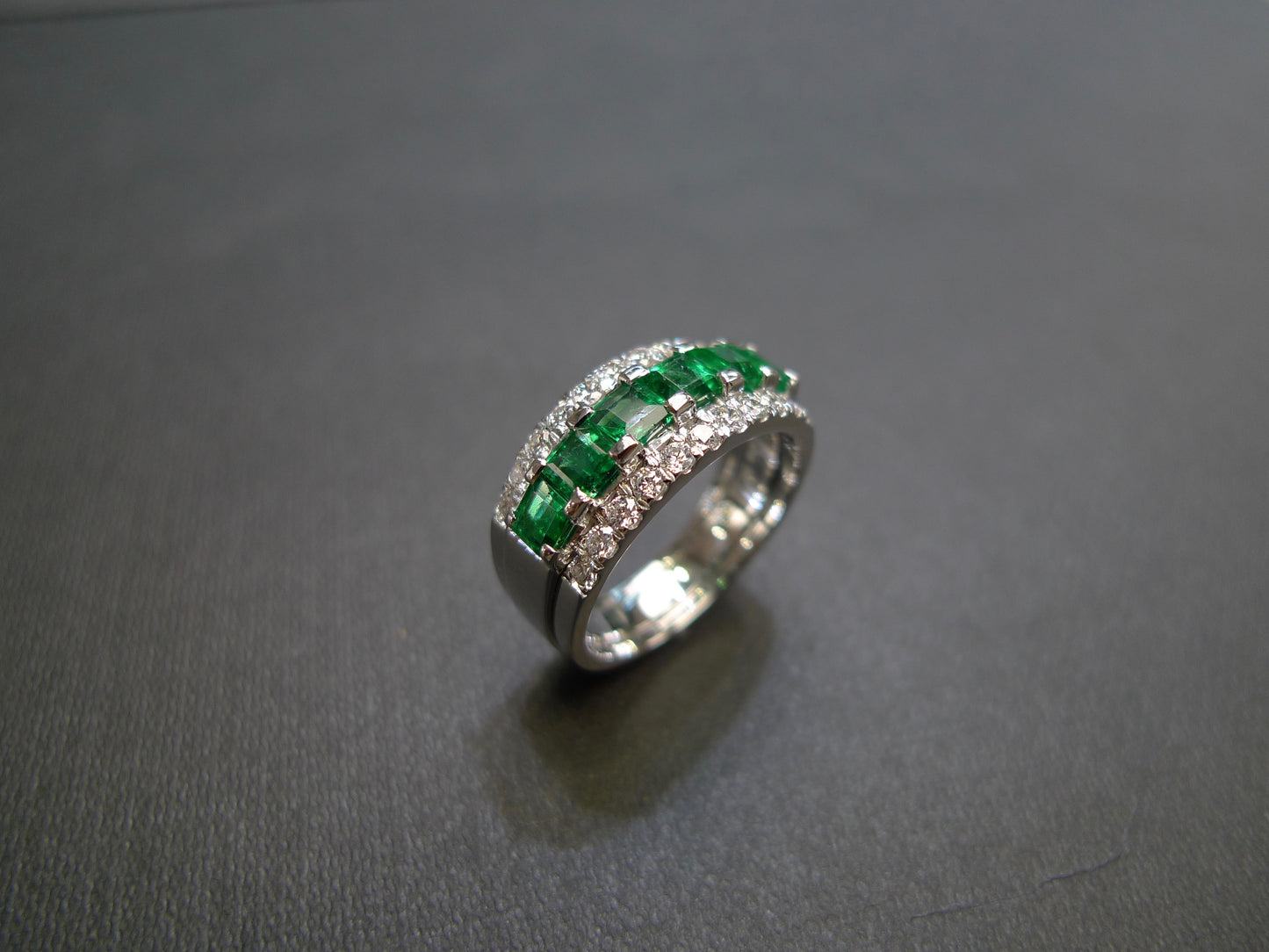 Emerald and Diamond Three Row Ring in 18K White Gold - HN JEWELRY
