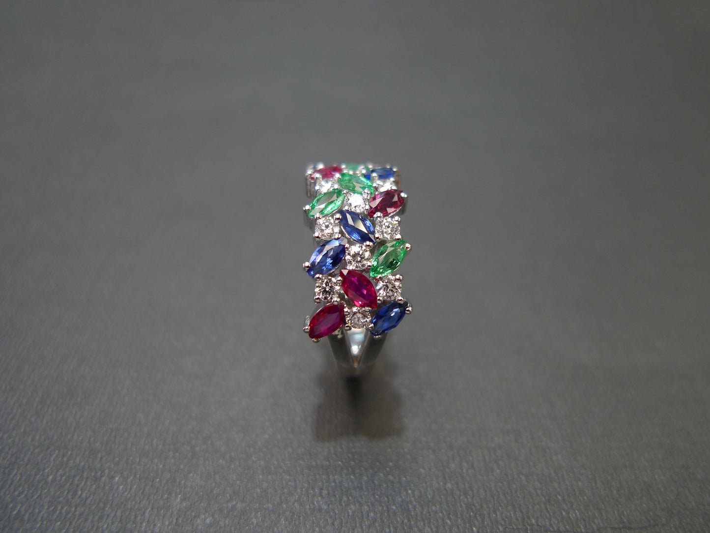Marquise Diamond Ring with Ruby, Blue Sapphire and Emerald in 18K White Gold - HN JEWELRY