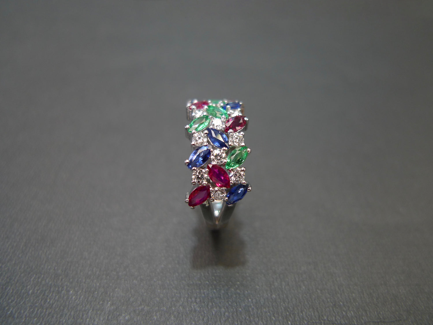 Marquise Diamond Ring with Ruby, Blue Sapphire and Emerald in 18K White Gold - HN JEWELRY